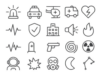 Emergency black icons helicopter, ambulance, defibrillator, heartbeat, security, hospital, speaker, fire, flame, building, explosion, gun, gas mask, radioactive, flooding, etc.