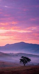 Naklejka premium Solitary tree on misty hilltop at sunrise, scenic valley background, nature wallpaper