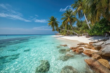 Tropical beach paradise azure water, palm trees, white sand, rocks, sunny day, travel postcard