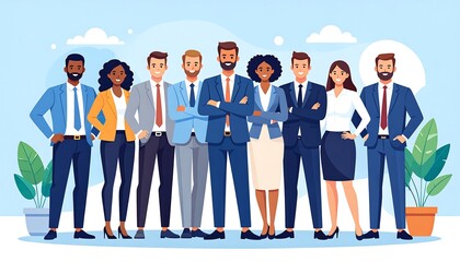 Diverse group of business professionals standing together in a modern office environment with plants