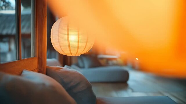 Gentle amber glow: Hanging paper lantern illuminates a serene indoor lounge, fostering calmness