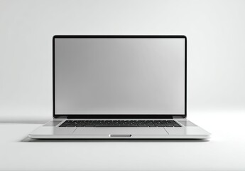 Silver laptop, blank screen, white background, studio shot; website mockup
