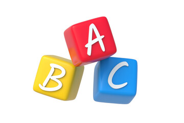 Falling abc blocks for preschool education isolated on white background. Colorful cubes with letters for studying. Learning english. 3d render