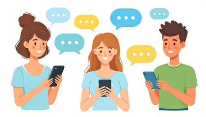 Diverse group of young people happily communicating and texting on their smartphones with speech bubbles