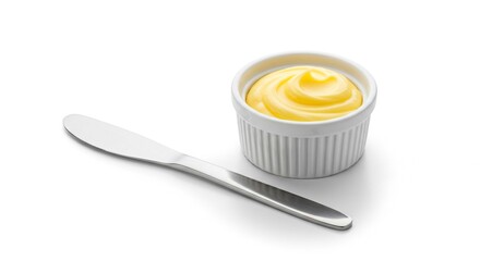 A small white ramekin filled with yellow butter next to a silver butter knife on a white background