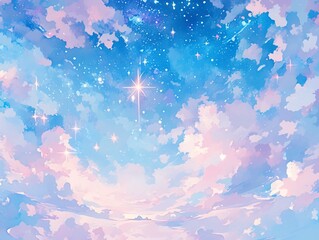 Serene Starry Sky Mobile Wallpaper with Pastel Clouds in Blue, Purple and Pink, Ethereal Stardust Background
