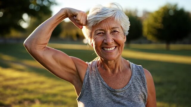 Smiling senior woman flexing bicep outdoors, feeling strong and healthy