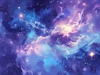 Galaxy Watercolor Vector Background in Purple, Blue and Pink with Stars for Print-on-Demand Digital Use