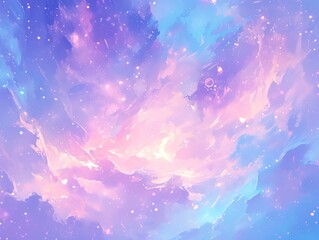 Serene Starry Sky Mobile Wallpaper with Pastel Clouds in Blue, Purple and Pink, Ethereal Stardust Background