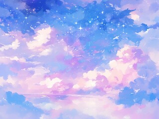 Serene Starry Sky Mobile Wallpaper with Pastel Clouds in Blue, Purple and Pink, Ethereal Stardust Background