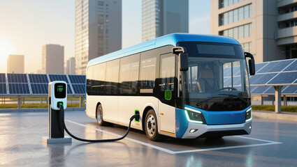 Electric bus charging at station with solar panels in urban area