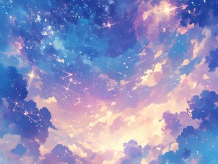 Serene Starry Sky Mobile Wallpaper with Pastel Clouds in Blue, Purple and Pink, Ethereal Stardust Background