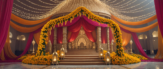 Indian stage decorated with flowers, fairy lights and colorful drapes