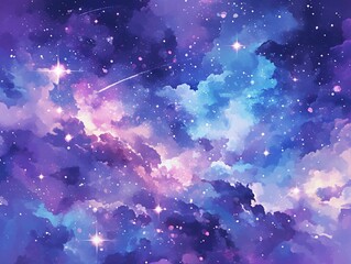 Galaxy Watercolor Vector Background in Purple, Blue and Pink with Stars for Print-on-Demand Digital Use