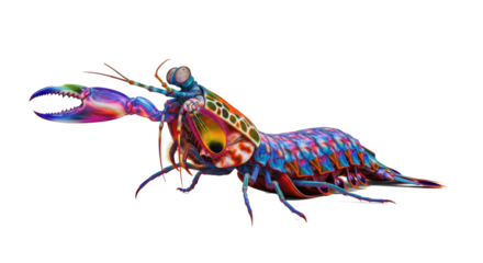 A vividly colored mantis shrimp with large claws isolated against a black background in full view