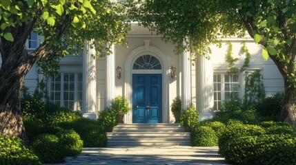 Obraz premium Luxurious home entrance, sunny day, green garden, real estate