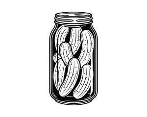 Black and White Pickles in a Jar, Food Vegetable Design, Monochrome Style Illustration, Vector Illustration