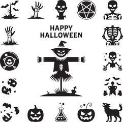 Halloween scarecrow pumpkins bats skeletons and spooky symbols jack-o-lantern