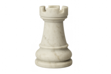 Marble rook chess piece standing on a transparent background, representing strategy, planning, and defense