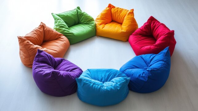 Colorful bean bag chairs circle arrangement for living room and kids room decor