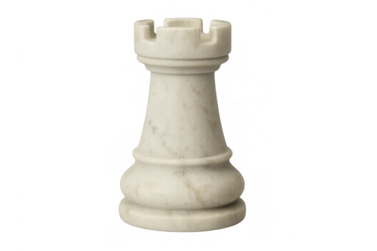 Marble rook chess piece standing on a transparent background, representing strategy, planning, and defense