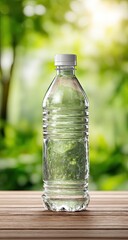 Water bottle on wood, nature background, healthy hydration, outdoor refreshment