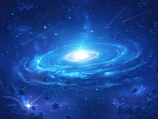 Fantasy Cosmic Vortex with Nebula Glow and Starlight Particles, Dark-to-Light Blue Gradient Space Background