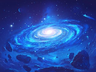 Fantasy Cosmic Vortex with Nebula Glow and Starlight Particles, Dark-to-Light Blue Gradient Space Background