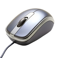 A sleek, gray computer mouse with a scroll wheel and wire, isolated on a transparent background