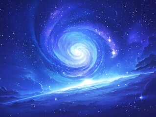 Fantasy Cosmic Vortex with Nebula Glow and Starlight Particles, Dark-to-Light Blue Gradient Space Background