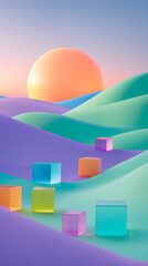 Fototapeta premium Surreal abstract 3D landscape with pastel hills and a glowing sun