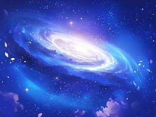 Fantasy Cosmic Vortex with Nebula Glow and Starlight Particles, Dark-to-Light Blue Gradient Space Background
