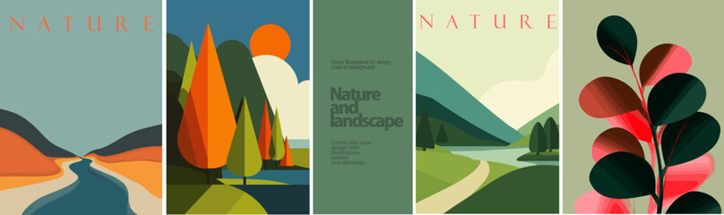 Nature. Modern vector landscapes with geometric shapes and bold color palettes. Abstract nature scenes perfect for posters, covers, web backgrounds, and eco branding.

