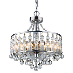 An elegant, modern chandelier with sparkling crystal droplets and a silver finish, isolated on white isolated on transparent background