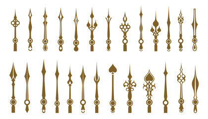 Decorative Clock Hands Set, Gold Color, Time Arrows Collection Vector Illustration