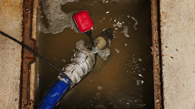 Close-up shot of a sump pump system operating inside a concrete utility pit partially filled with murky water