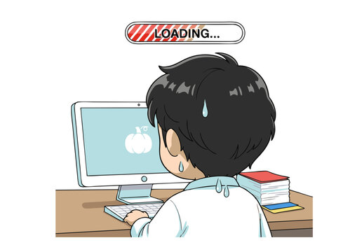 Cartoon Man Frustrated with Slow Computer Loading Pumpkin Icon.