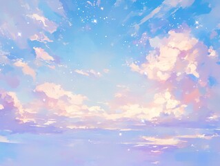Dreamy Pastel Sky Watercolor Background with Ethereal Clouds in Pink, Blue and Purple, Abstract Minimalist Gradient