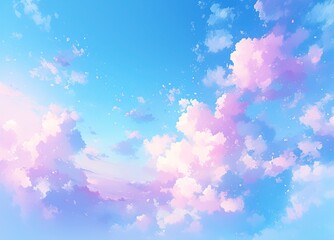 Dreamy Pastel Sky Watercolor Background with Ethereal Clouds in Pink, Blue and Purple, Abstract Minimalist Gradient