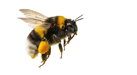 A close up shot of a bumblebee with pollen sacs against a black background in sharp focus detail