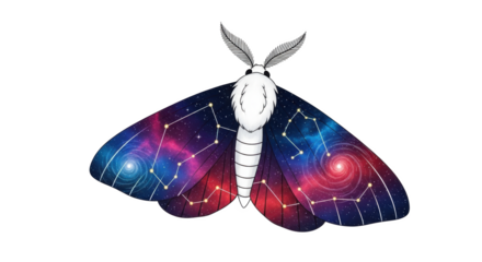 Illustration of a moth with white body and wings filled with galaxy and constellation designs