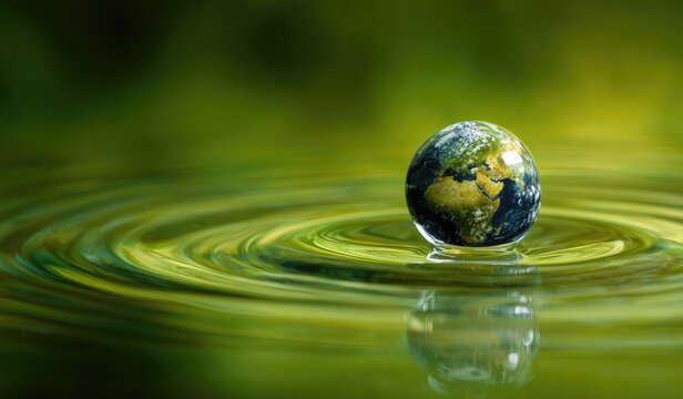 Earth globe on water, green background, environmental concept, nature