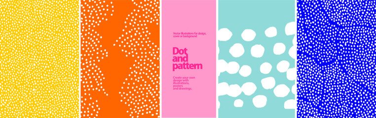 Bold and vibrant vector dot patterns with hand-drawn style. Eye-catching seamless backgrounds for packaging, textiles, stationery, wrapping, posters, and playful design themes.

