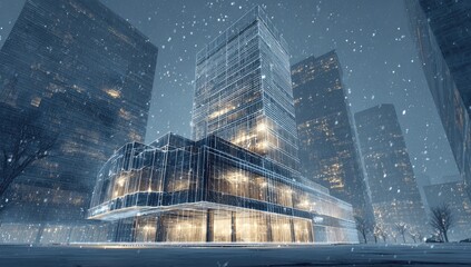 Modern skyscraper at night, snow falling