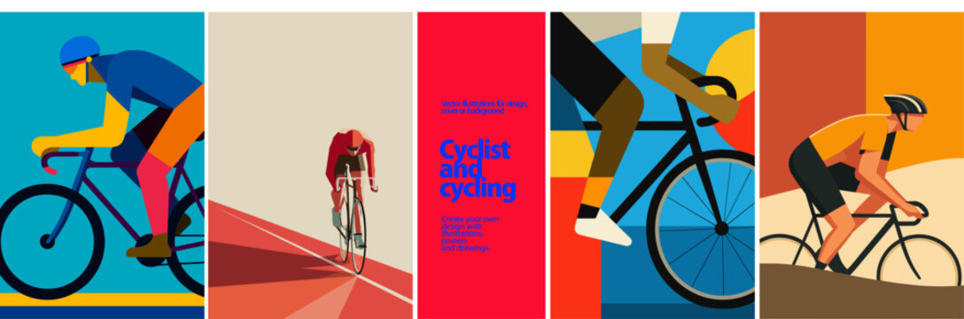 Cyclist and cycling. Modern vector illustrations of cyclists in motion. Dynamic, colorful biking scenes ideal for sports posters, fitness branding, racing events, or outdoor activity designs.


