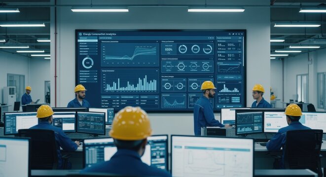 Factory operations center showing comprehensive energy consumption analytics for performance monitoring