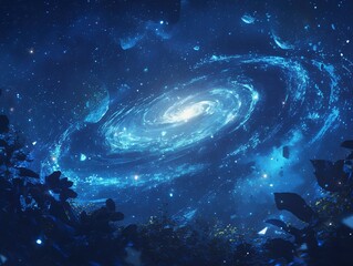 Fantasy Cosmic Vortex with Nebula Glow and Starlight Particles, Dark-to-Light Blue Gradient Space Background