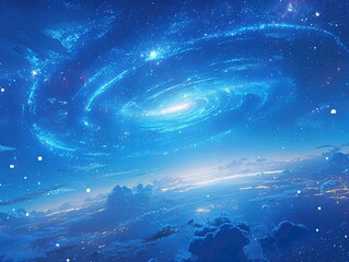 Fantasy Cosmic Vortex with Nebula Glow and Starlight Particles, Dark-to-Light Blue Gradient Space Background