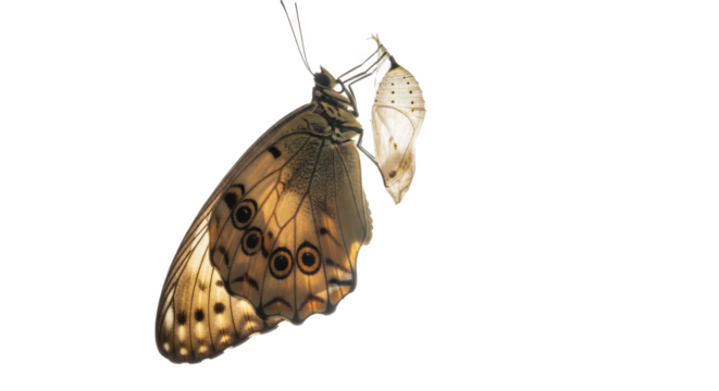 Butterfly emerging from chrysalis with brown and black wings against a black background in bright light