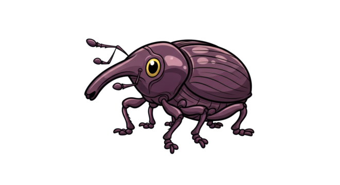 A cartoon illustration of a purple weevil with a long snout and yellow eyes on a black background space